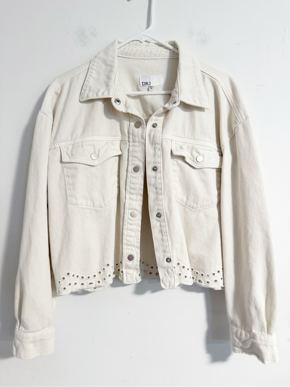 DR2 Cream Off White 100% Cotton Eyelet Hem Denim Jacket XL